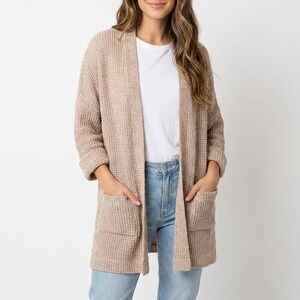 Final Touch Cardigan Sweater Womens Medium Beige Stretch Open Knit front Pockets